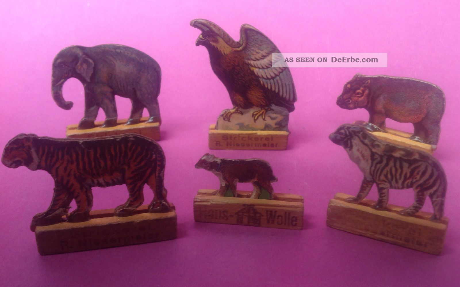 5v4: 6x Zootiere Reklame Werbung Zugabe Figur Flachfigur Pappe Zoo Tiere 1920 Antike Originale vor 1945 Bild