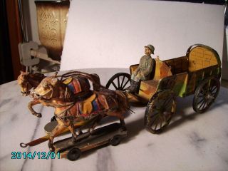 Elastolin,  Hauser,  Blech - Bagage - Wagen,  Mit Zwei Pferden Bild
