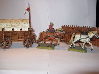 Alter Elastolin Planwagen,  Kutsche - 4 ' Er Gespann - 1 Cowboy Bild