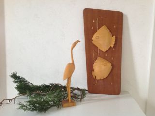 Bild Relief Holz Handgeschnitzt Fische Flamingo 50/60er Jahre Rockabilly Deko Bild