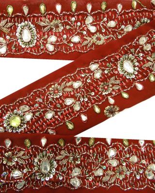 Vintage 1yd Lace Trim Maroon Craft Deco Sari Border Indien Hand Perlen Ribbon Bild