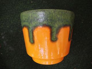 70 - Er Jahre Keramik Übertopf Orange - GrÜn Laufglasur Lava Fat Bild