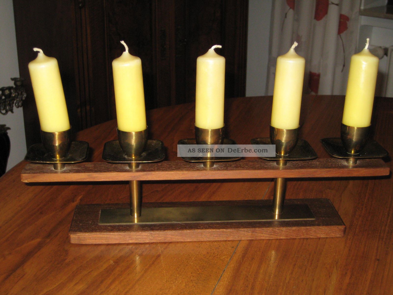 5 Flammiger Kerzenständer - Teakholz Und Metall / Messing 50er / 60er Jahre 1950-1959 Bild