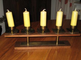 5 Flammiger Kerzenständer - Teakholz Und Metall / Messing 50er / 60er Jahre Bild