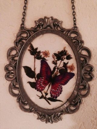 Edle Hinterglasmalerei Glasbild - Zinnrahmen Mit Schmetterlingsmotiv U.  Kette Bild