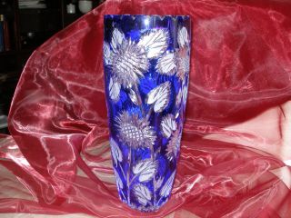 Bleikristall - Vase,  Überfang Königsblau,  Handschliff,  Bodenvase,  32 Cm,  Sehr Schwer Bild