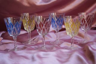 6 Vintage Glas Kristall Weingläser Mit Rauten In Gelb Rot Blau Bild