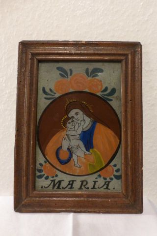 Antik Hinterglasbild Maria Mit Kind Votivbild Biedermeier Barock Bild