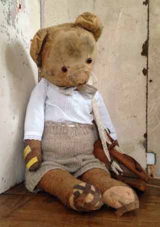 Antik Teddy - Bär Schlittschuhe Bekleidet Gros Leinen Stroh Frankreich Shabby Deko Bild