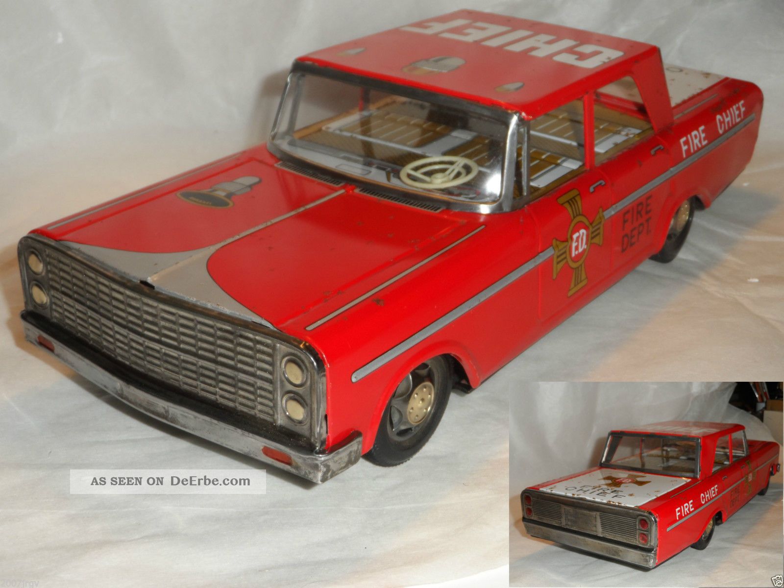 Altes Blech Ford Fire Chief Car Made In Japan Friction /sirene Top Original, gefertigt 1945-1970 Bild