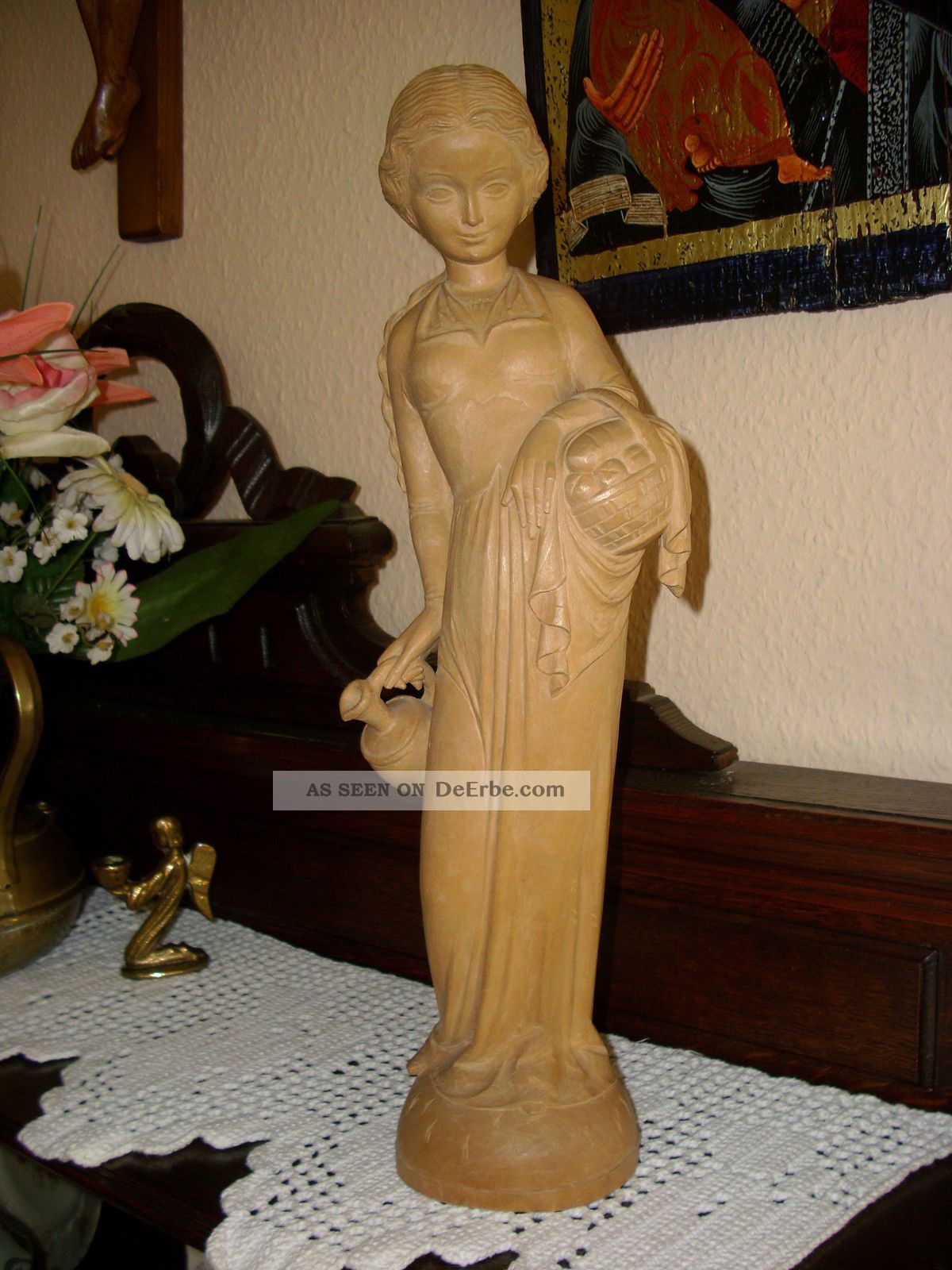 Gr.  Holzfigur - Heiligenfigur - Hl.  Elisabeth - Magd - Geschnitzt - Südtirol? - Deko - 40cm Holzarbeiten Bild