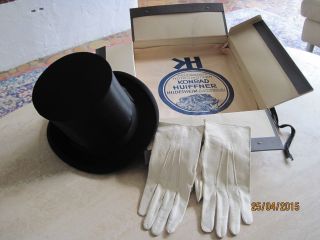 Fa.  Hufner Hi Deutscher Chapeau Claque 59,  Handschuhe Originalkarton,  Gut Erhalten Bild