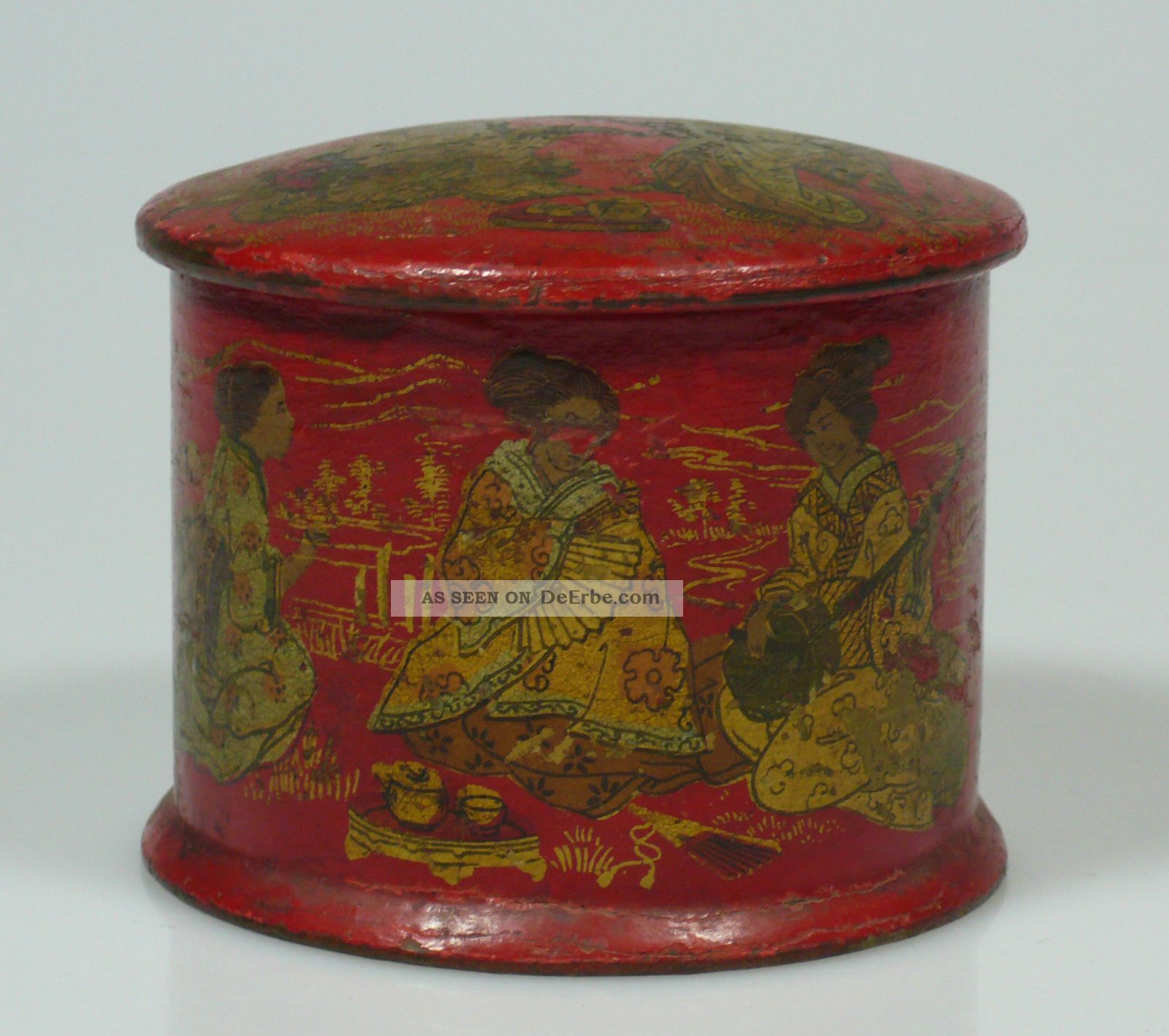 Runde Deckeldose Holz Lack Rot Schönes Motiv Asiatika: Japan Bild