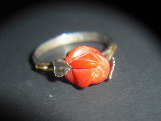 Ring Silber 800 Fingerring Geschnitzte Rote Koralle Rose Blätter Jugendstil 1920 Bild