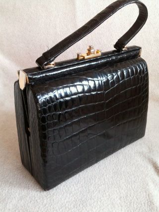 Vintage Handtasche Tasche Kelly Echtleder Kroko - Optik Schwarz Gut Erhalten Chic Bild