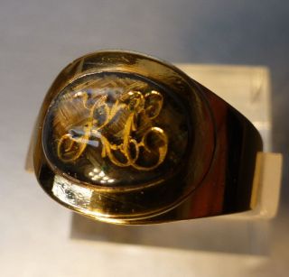 Antiker Haar - Ring,  Gold 22 Kt.  Monogramm Kc Unter Bergkristall,  Sehr Selten Bild