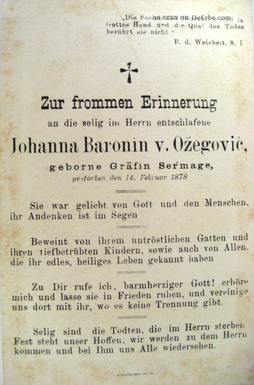 C266 348 Sterbebildchen Baronin V.  Ozegovic 1878 Rel. Andenken & Mitbringsel Bild
