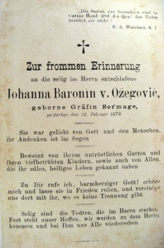 C266 348 Sterbebildchen Baronin V.  Ozegovic 1878 Bild