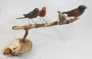 Holzvögel Auf Stockschwamm,  Antik - Schnitzarbeit,  Handbemalt - Ein Sammlerstück Bild