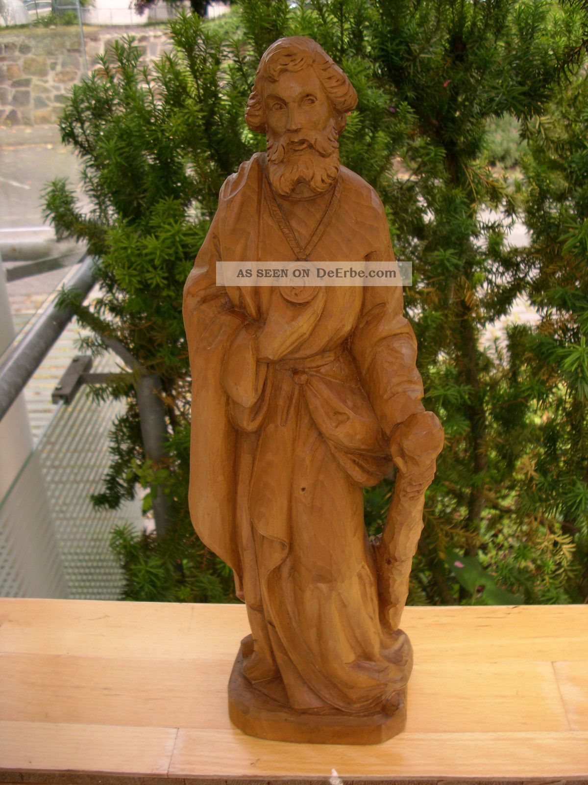 Holzfigur - Heiligenfigur - Hl.  Judas Thaddäus - Heiliger Mit Keule - Geschnitzt - Deko - Holzarbeiten Bild