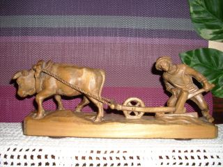 Holzfigur - Fuhrwerk - Ochsengespann - Bauer Mit Pflug - Deko - Geschnitzt - Bild