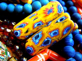Grosse Blau - Gelbe Indonesische Künstlerperle - Millefiori Art - Ca.  34x15mm - Handmade Bild