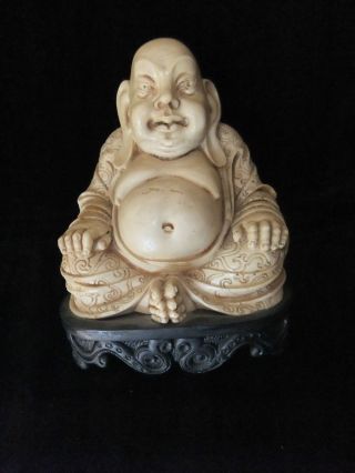Alt Großer Schwerer Sitzender Glücks Buddha Auf Sockel Skulptur / Happy Buddha Bild