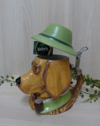 - Bierhumpen Bierseidel - Keramik Hund Jäger Bierkrug Sammlerkrug Zinn Keramik Bild