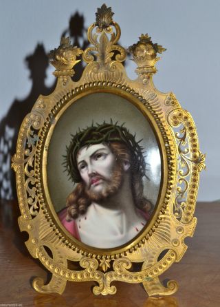 Grosses Biedermeier Porzellan Bild Jesus Handbemalt Im Bronze Prunkrahmen C1850 Bild