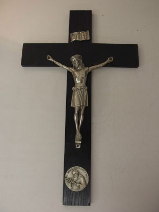 Fh 49) Altes Wand Holz Kreuz Kruzifixe Sakrale Kunst Jesus Metall Inri Bruder Bild