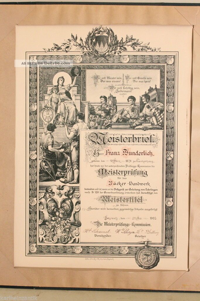 Schöner Meisterbrief 1905 Bäcker Handwerk Bayreuth Frankenhaag