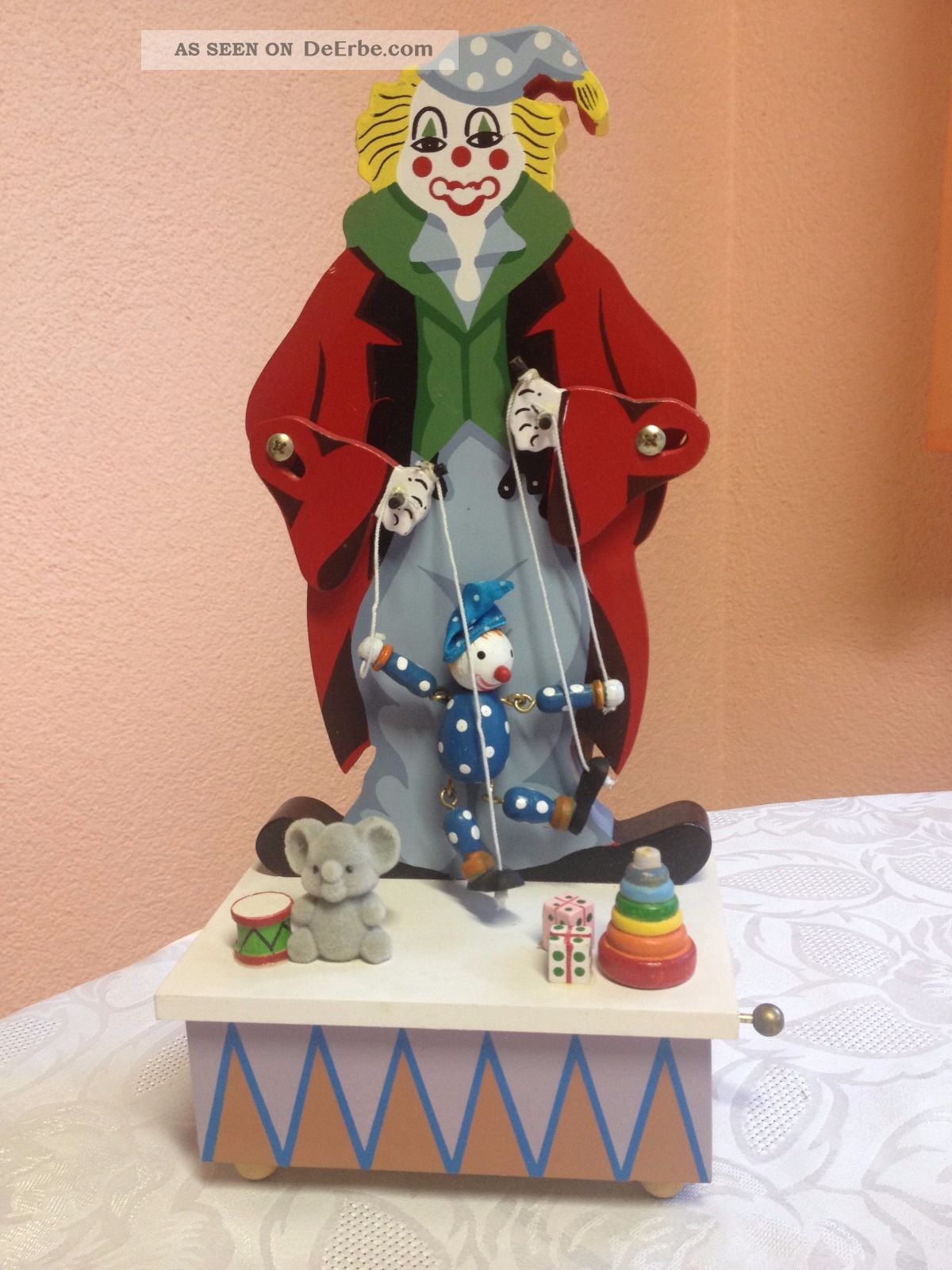 Spieluhr Clown Mit Marionette It ' S A Small World Holz Zirkus Sammlungsauflösung Mechanische Musik Bild