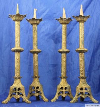 Vier 4 Altarleuchter Kerzenleuchter Kerzenständer Messing Barockes Kreuz France Bild