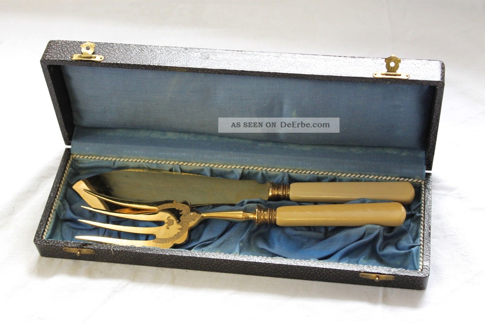 Antikes Fischbesteck Beilagebesteck Besteck Vergoldet Bein Griff Mit Etui Objekte vor 1945 Bild