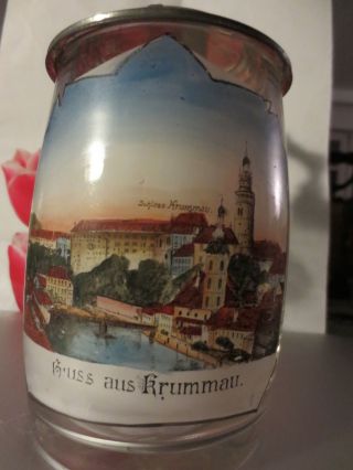 Andenken Glaskrug,  Bierkrug - - Krummau - - Mit Jugendstil Zinndeckel Bild