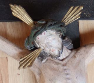 Altes Heiligenkreuz Kruzifix Jesus Holz Geschnitzt 18.  - 19.  Jahrhundert Bild