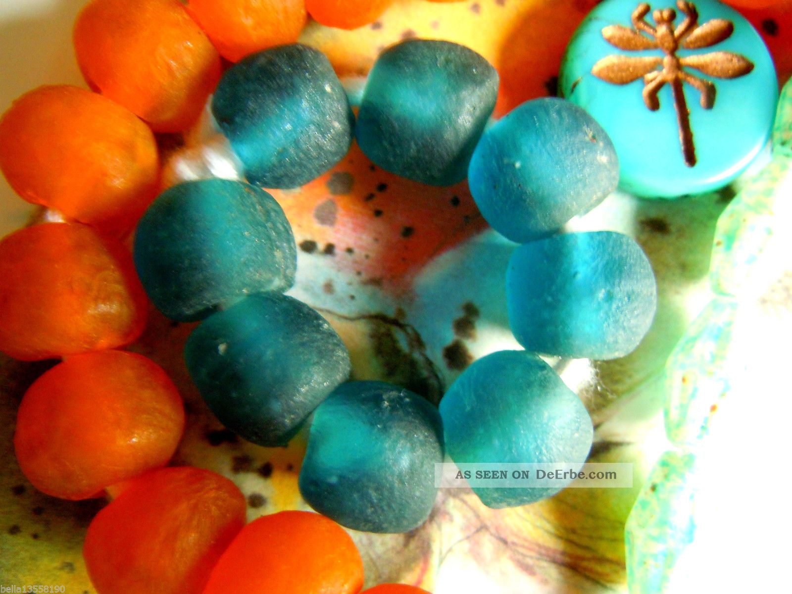 Neue Afrikanische Krobo - Perlen In Petrol - 8 Perlen - Ca.  13 - 14mm - Entstehungszeit nach 1945 Bild