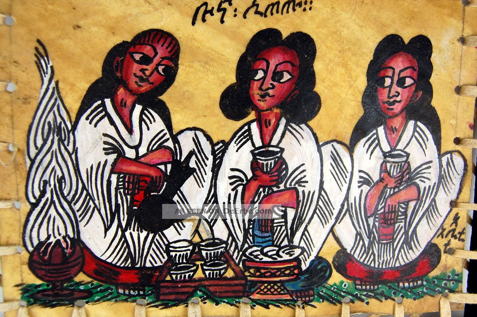 Äthiopien Kaffee - Zeremonie Handgemalt Leder Holzrahmen Unikat Ethiopia Africa Entstehungszeit nach 1945 Bild