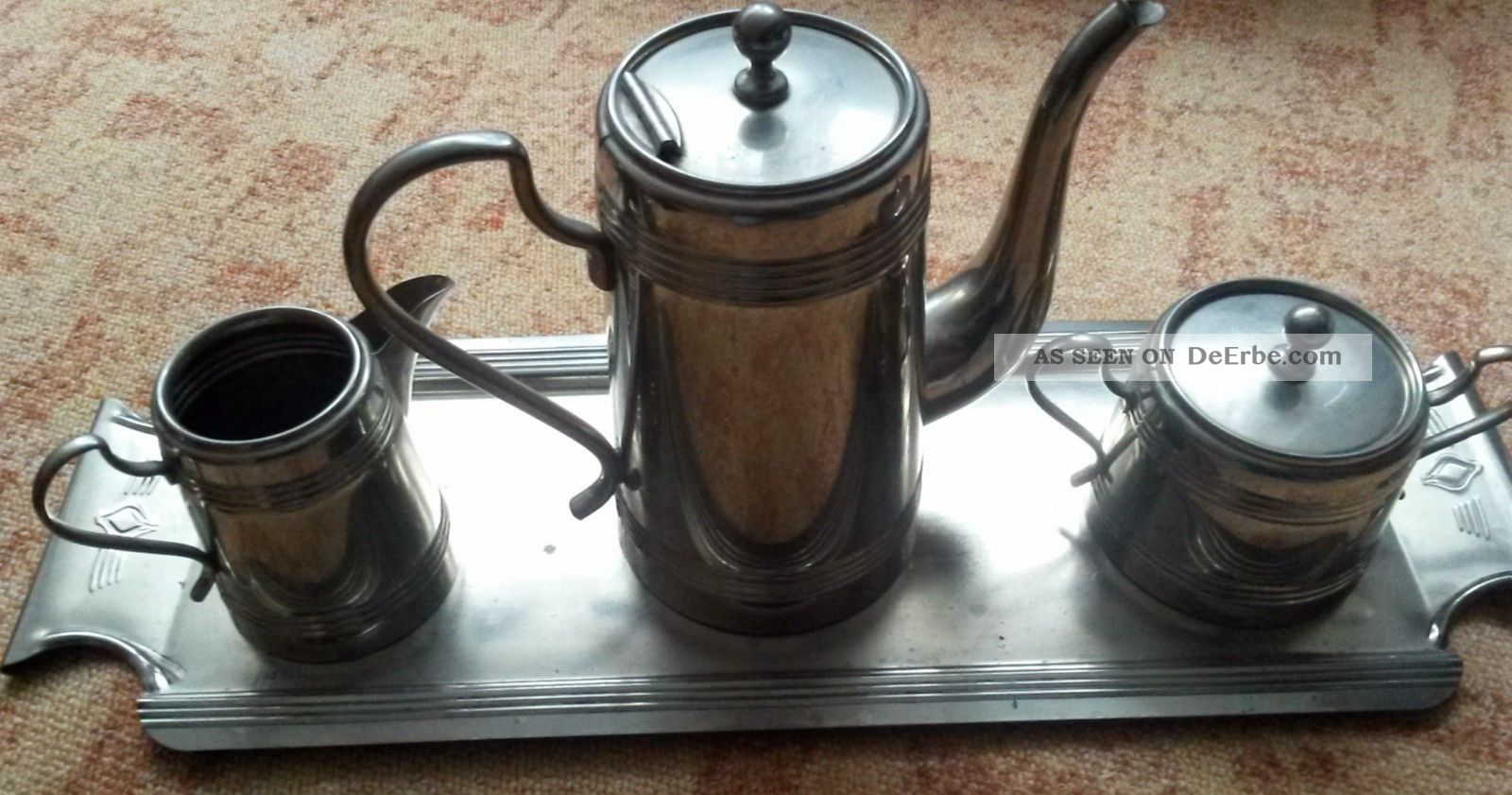 Teegarnitur Tee Kaffee Service 4tlg.  Jugendstil Versilbert Kännchen Kanne Dose Messing Bild