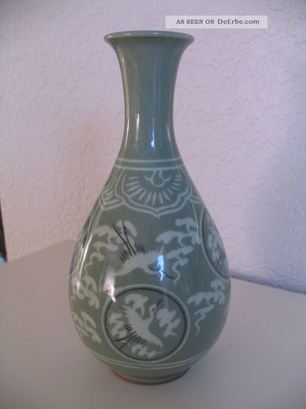 China Seladon Tischvase Vase Kunst Keramik Kraniche Grün Signiert 20jh. Entstehungszeit nach 1945 Bild
