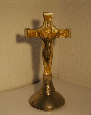 Altes Standkreuz Metall Altarkreuz / Kruzifix / Verseh - Kreuz Inri / Pax Foreign Bild