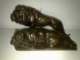 Bronzefigur Figur Bronze Löwe Und Löwin Raubkatzen Signiert Bild