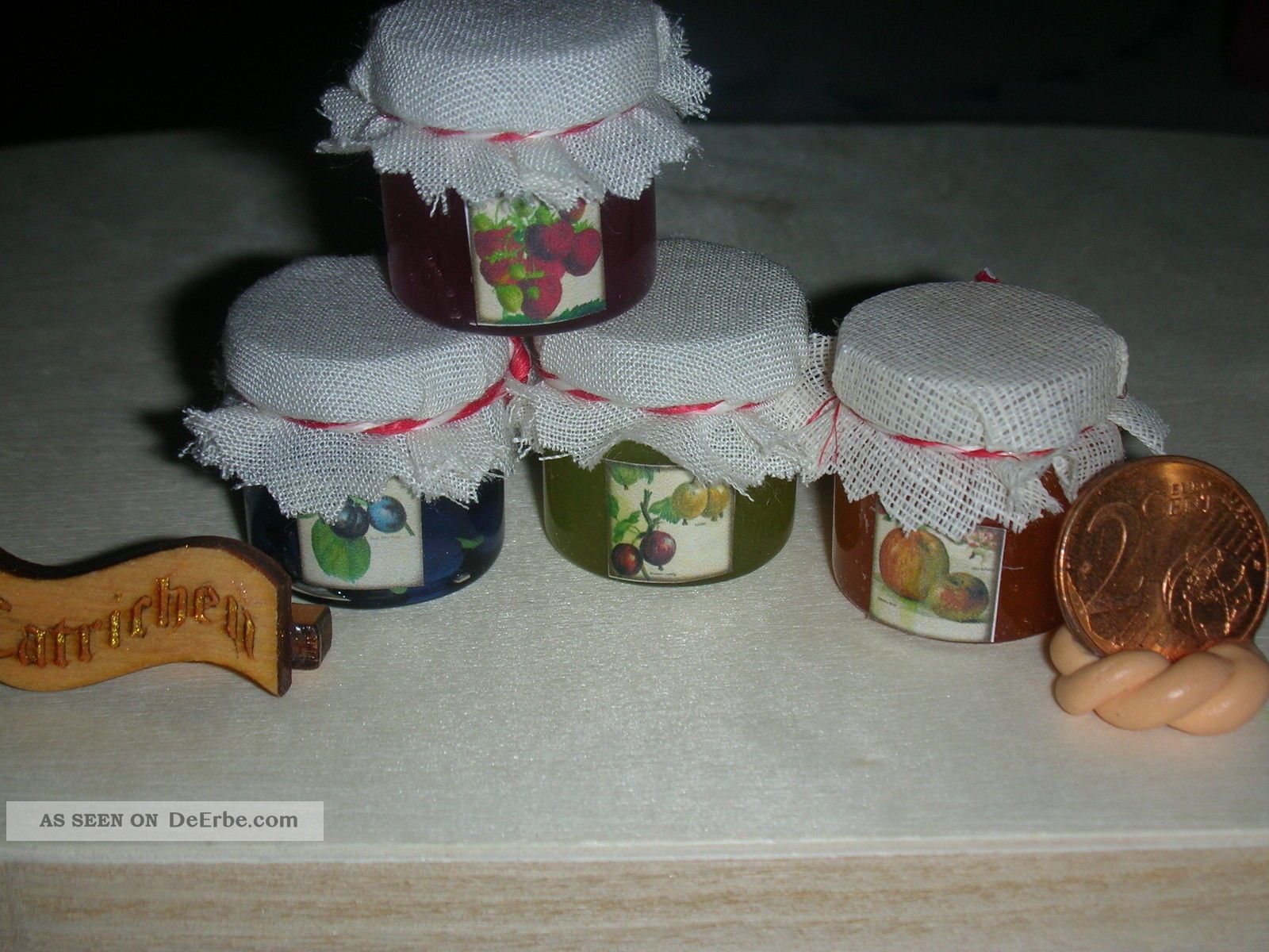 4 Gläser Gellees,  / Rauchfangküche/kaufladen/puppenküche/catrichen1:10/1:12 Kaufmannsläden & Zubehör Bild