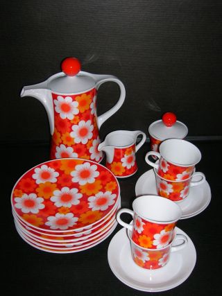 Mitterteich Kaffee - Service 17 - Teil.  Prilblume Orange - Rot Flowerpower Kult Rar Bild