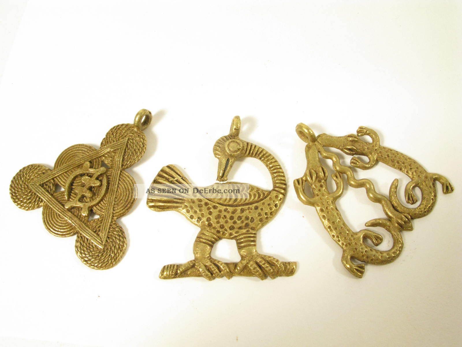 3 Schöne Schmuckanhänger Kroko Vogel Akan Ashanti Brass Pendants Afrozip Entstehungszeit nach 1945 Bild