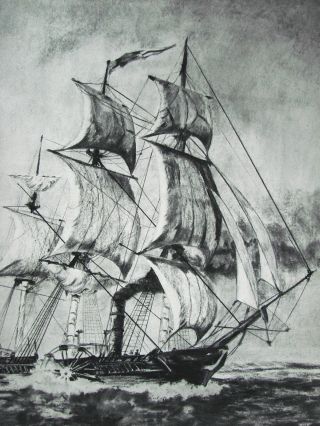 Groß Rad Dampf Segelschiff Wheel Ship Kohl - Bleistift Malerei Pencil Painting Bild