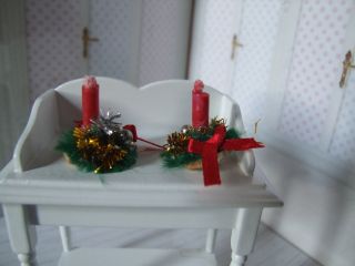 Puppenstube Adventsgestecke 2 Stk.  Rote Kerze,  Schleife,  Gold/silber Handarbeit Bild