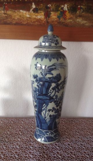 Große Porzellan Deckelvase - Handgemalt - Alt - China - 59cm - Alte Deckelvase - Blau - Weiß Bild
