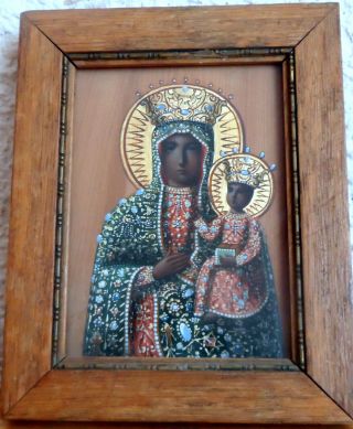 Ikone Mutter Gottes,  Griechisch,  Icon Heiligenbild Holz,  100x750mm,  Hinter Glas Bild