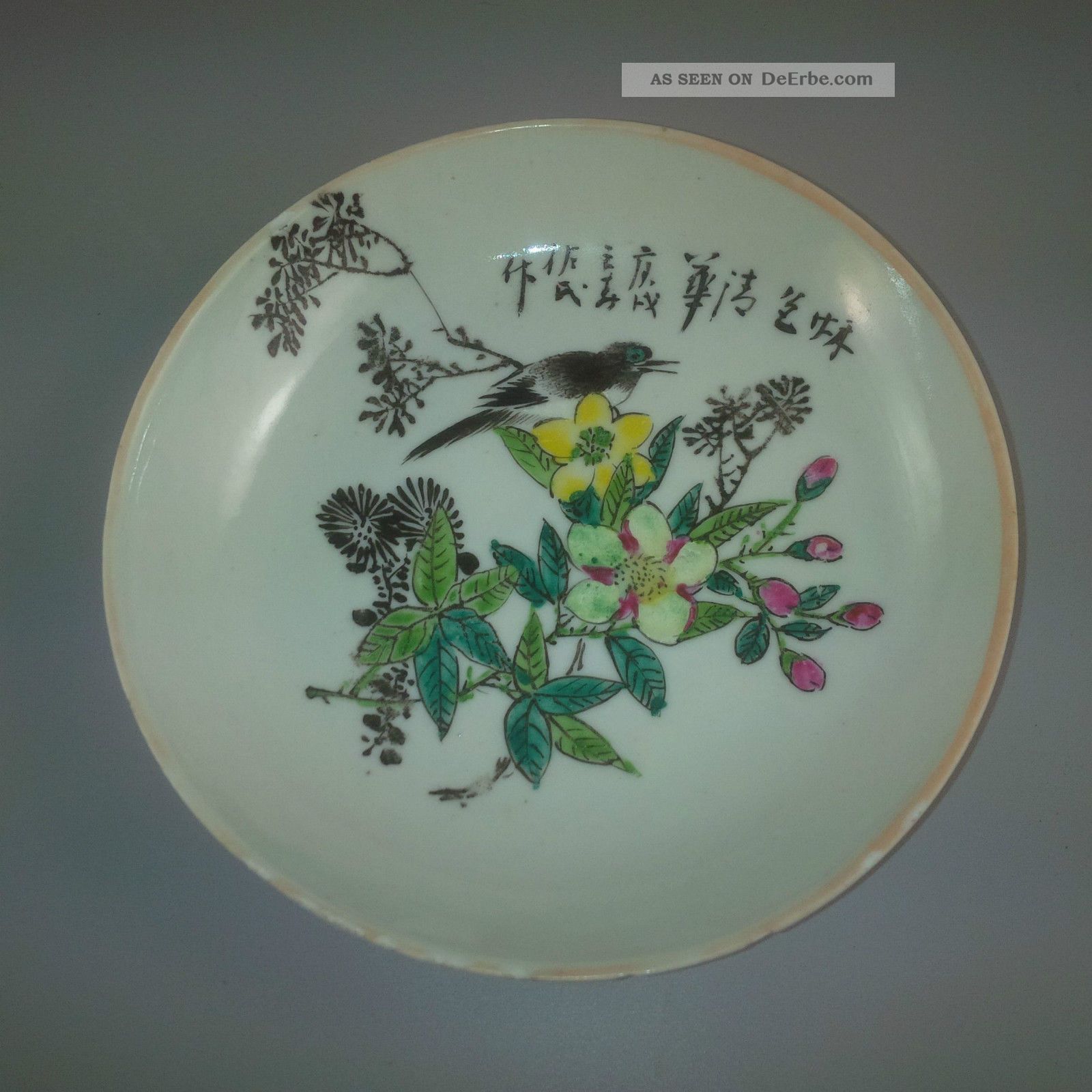Runde Alte Chinesische Porzellan - Schale Antik Vogel Kalligraphie Rote Marke Bird Nach Marke & Herkunft Bild
